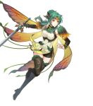  1girl bangs black_footwear boots breasts bridal_gauntlets brown_eyes butterfly_wings cape closed_mouth denim denim_shorts dress elincia_ridell_crimea fire_emblem fire_emblem:_path_of_radiance fire_emblem:_radiant_dawn fire_emblem_heroes full_body gradient gradient_clothes green_hair hair_ornament highres holding holding_sword holding_weapon leg_up looking_away medium_breasts official_alternate_costume official_art shiny shiny_hair short_dress shorts solo standing sword thigh-highs thigh_boots thighs thorns tiara weapon wings 