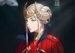  1girl blurry breasts cape capelet dagger edelgard_von_hresvelg fake_horns fire_emblem fire_emblem:_three_houses floating_hair flower forehead hair_ornament hibiscus highres horns layered_skirt long_hair long_sleeves mueririko red_cape red_capelet simple_background skirt solo uniform violet_eyes weapon white_hair 