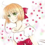  1girl bangs bare_shoulders blonde_hair bow cardcaptor_sakura collarbone eyebrows_visible_through_hair green_eyes hair_between_eyes hair_bow hair_intakes kanaoto_neiro kinomoto_sakura off-shoulder_shirt off_shoulder parted_lips red_bow shirt short_hair_with_long_locks short_sleeves sidelocks solo upper_body white_shirt 