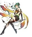  1girl ass bangs black_footwear boots breasts brown_eyes butterfly_wings cape denim denim_shorts dress elincia_ridell_crimea fire_emblem fire_emblem:_path_of_radiance fire_emblem:_radiant_dawn fire_emblem_heroes full_body gradient gradient_clothes green_hair hair_ornament highres holding holding_sword holding_weapon looking_away medium_breasts official_alternate_costume official_art open_mouth shiny shiny_hair short_dress shorts solo standing sword thigh-highs thigh_boots thighs thorns tiara torn_clothes weapon wings 
