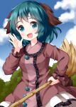  1girl animal_ears bamboo_broom bangs blue_sky breasts broom brown_dress clouds cowboy_shot dog_ears dog_tail dress eyebrows_visible_through_hair green_eyes green_hair highres holding holding_broom kasodani_kyouko long_sleeves looking_at_viewer open_mouth outdoors ruu_(tksymkw) short_hair sky small_breasts smile solo standing tail touhou 