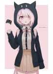  1girl :o animal_hood backpack bag bangs black_jacket black_legwear black_shirt breasts brown_skirt cat_hood character_request collared_shirt controller copyright_request cosplay cowboy_shot dangan_ronpa_(series) dangan_ronpa_2:_goodbye_despair dress_shirt game_controller hair_ornament highres hood hooded_jacket jacket large_breasts lolowv long_sleeves looking_at_viewer nanami_chiaki nanami_chiaki_(cosplay) neck_ribbon open_mouth pink_background pink_eyes pink_ribbon pleated_skirt ribbon shirt shirt_tucked_in short_hair skirt sleeves_past_wrists smile solo spaceship_hair_ornament translation_request upper_teeth white_background white_hair white_shirt 