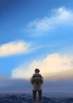  1boy absurdres apex_legends backpack bag black_hair black_pants clouds crypto_(apex_legends) from_behind green_sleeves highres jacket male_focus masharao pants scenery sky solo undercut white_jacket 