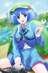  1girl :d absurdres backpack bag blue_eyes blue_hair blue_skirt blue_vest blunt_bangs breasts clouds commentary_request day hair_bobbles hair_ornament hand_up highres holding holding_wrench kawashiro_nitori light_blush long_sleeves looking_at_viewer nyarocks open_mouth outdoors parted_bangs short_hair skirt skirt_set small_breasts smile solo teeth touhou two_side_up upper_teeth_only vest water wrench 