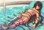  1girl alternate_costume american_flag_bikini american_flag_legwear bdsm bikini black_hair bondage bound breasts commission flag_print garter_belt headgear highres kaddo kantai_collection large_breasts long_hair lying mismatched_legwear nagato_(kancolle) navel on_back red_eyes rope solo striped striped_legwear swimsuit tan thigh-highs 