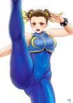  1girl armpits bare_arms bare_shoulders black_hair blue_bodysuit blue_dress bodysuit brown_eyes brown_hair bun_cover china_dress chinese_clothes chun-li double_bun dress finalcake hair_pulled_back highres open_mouth short_hair side_slit skin_tight spread_legs street_fighter street_fighter_zero_(series) 