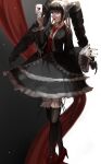  1girl :o bangs black_hair black_jacket black_legwear black_nails blunt_bangs bonnet card celestia_ludenberg collared_shirt dangan_ronpa:_trigger_happy_havoc dangan_ronpa_(series) dress drill_hair frilled_skirt frills full_body gothic_lolita hand_up high_heels highres holding jacket kabedan_(yasai_oisidaro) lolita_fashion long_hair long_sleeves looking_at_viewer nail_polish necktie open_mouth playing_card red_eyes red_footwear red_neckwear shirt shoes skirt smile solo standing thigh-highs twin_drills twintails zettai_ryouiki 