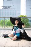  ari_(model) cape cosplay kneehighs nagato_yuki photo sailor_uniform school_uniform suzumiya_haruhi_no_yuuutsu wand witch_hat 