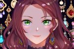  1girl blue_gemstone brown_hair close-up closed_mouth dorothea_arnault earrings fire_emblem fire_emblem:_three_houses gem green_eyes highres jewelry kh_(tanakananataka) long_hair looking_at_viewer shiny shiny_hair smile solo 