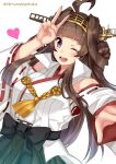  1girl ;d absurdres ahoge bangs blunt_bangs breasts brown_hair detached_sleeves double_bun dutch_angle hair_bun hand_up headgear heart highres himura_moritaka kantai_collection kongou_(kancolle) kongou_kai_ni_(kancolle) large_breasts looking_at_viewer nontraditional_miko one_eye_closed open_mouth outstretched_arm ribbon-trimmed_sleeves ribbon_trim smile solo teeth twitter_username upper_teeth v violet_eyes white_background wide_sleeves 