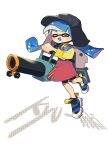  1girl :d ^_^ absurdres bike_shorts black_shorts blue_hair blue_tongue closed_eyes collared_shirt colored_tongue full_body highres inari1369 ink_vac_(splatoon) inkling inkling_girl leg_up long_hair long_sleeves multicolored_footwear multicolored_shirt no_nose open_mouth pointy_ears shirt shoes shorts simple_background smile solo splatoon_(series) splatoon_3 striped striped_shirt tentacle_hair white_background 