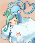  1girl affectionate altaria arm_warmers blue_shirt blush_stickers brown_background closed_eyes closed_mouth commentary_request earrings fluffy green_hair hair_ornament highres jewelry lisia_(pokemon) long_hair pokemon pokemon_(creature) pokemon_(game) pokemon_oras shirt shugara smile split_mouth 