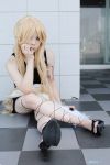  apron ban blonde_hair cigarette cosplay fan high_heels miniskirt sandals sarasvati zone-00 