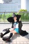  ari_(model) cape cosplay kneehighs nagato_yuki photo sailor_uniform school_uniform suzumiya_haruhi_no_yuuutsu wand witch_hat 