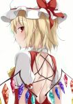  1girl back back_cutout bangs blonde_hair clothing_cutout commentary_request crystal eyebrows_visible_through_hair flandre_scarlet from_behind hat hat_ribbon highres kashiwagi_yamine looking_at_viewer looking_back mob_cap red_eyes red_ribbon red_vest ribbon shirt short_hair short_sleeves solo touhou vest white_shirt wings 