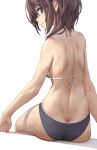  1girl alice_gear_aegis bikini blue_bikini breasts brown_eyes brown_hair commentary_request kurogane_yuuto looking_at_viewer looking_back pinakes short_hair sideboob simple_background sitting smile solo swimsuit white_background 