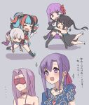  6+girls bangs bb_(fate) bb_(fate)_(all) black_hair blindfold blue_hair blue_shirt blush breasts carrying chibi closed_eyes collar double_bun dress earrings fate/extra fate/extra_ccc fate/grand_order fate/stay_night fate_(series) hair_ribbon hug indian_clothes jewelry kama_(fate) kopaka_(karda_nui) large_breasts long_hair long_sleeves matou_sakura multicolored_hair multiple_girls necklace open_mouth parvati_(fate) purple_collar purple_hair red_eyes red_ribbon redhead ribbon rider sei_shounagon_(fate) shirt short_hair silver_hair smile strapless strapless_dress translation_request twintails very_long_hair violet_eyes yang_guifei_(fate) 