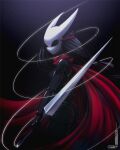  1girl black_background black_bodysuit black_hair bodysuit cape covered_face cowboy_shot highres holding holding_weapon hollow_knight hornet_(kancolle) humanization joints loen long_hair low-tied_long_hair mask red_cape reverse_grip silk solo standing twitter_username weapon 