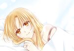  1girl asuna_(sao) bangs blonde_hair brown_eyes closed_mouth collarbone hair_between_eyes hair_down jewelry kanaoto_neiro long_hair looking_at_viewer lying off_shoulder on_side ring signature smile solo sword_art_online under_covers upper_body wedding_ring white_background 