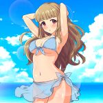  1girl :o armpits arms_behind_head arms_up bangs bikini blue_sarong blue_sky blunt_bangs blush breasts brown_hair clouds cloudy_sky commentary_request cowboy_shot eyebrows eyebrows_visible_through_hair front-tie_bikini front-tie_top highres horizon idolmaster idolmaster_cinderella_girls kamiya_nao large_breasts lens_flare long_hair looking_at_viewer melnia0916 ocean open_mouth sarong see-through sky solo standing string_bikini swimsuit violet_eyes wet 