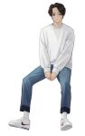  1boy absurdres brown_eyes brown_hair closed_mouth highres invisible_chair male_focus nike original shoes simple_background sitting sleeves_past_wrists smile sneakers socks solo white_background white_footwear white_legwear yoon_cook 