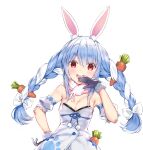  1girl :d animal_ear_fluff animal_ears bangs bare_shoulders black_gloves black_leotard blue_hair blush bow braid carrot_hair_ornament commentary_request detached_sleeves don-chan_(usada_pekora) dress eyebrows_visible_through_hair food_themed_hair_ornament fur-trimmed_gloves fur_trim gloves hair_between_eyes hair_bow hair_ornament hand_on_hip hand_to_own_mouth hand_up hololive leotard long_hair multicolored_hair open_mouth puffy_short_sleeves puffy_sleeves rabbit_ears red_eyes rei_(rei&#039;s_room) round_teeth short_eyebrows short_sleeves simple_background smile strapless strapless_dress strapless_leotard teeth thick_eyebrows twin_braids twintails two-tone_hair upper_body upper_teeth usada_pekora very_long_hair virtual_youtuber white_background white_bow white_dress white_hair white_sleeves 