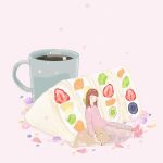  1girl bangs blunt_bangs brown_hair closed_eyes cup dog food fruit_sandwich grey_skirt highres long_hair long_sleeves minigirl mug mumu_161 original petals pink_legwear pink_shirt shirt sitting skirt smile socks solo wide_shot 