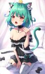  1girl :o absurdres ahoge animal_ear_fluff animal_ears bangs bare_shoulders between_legs black_bow black_dress blush bow breasts cat_ears cat_girl cat_tail collarbone commentary_request curtains dress ear_piercing eyebrows_visible_through_hair fang garter_straps green_hair hair_between_eyes hand_between_legs hand_up highres hololive long_hair low_twintails masaki_(msk064) off-shoulder_dress off_shoulder on_bed open_mouth paw_pose piercing pillow red_eyes sitting small_breasts solo tail thigh-highs twintails uruha_rushia virtual_youtuber wariza white_legwear 