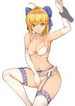  1girl 1other ahoge arm_above_head arm_grab arm_up armpits artoria_pendragon_(all) bangs bare_shoulders blonde_hair blue_bow bow bra breasts closed_mouth collarbone commentary_request elbow_gloves eyebrows_visible_through_hair face fate/grand_order fate_(series) frown garter_belt gloves green_eyes hair_bow highres looking_at_viewer medium_hair panties ponytail revision saber simple_background sitting small_breasts solo_focus thigh-highs tsuki_suigetsu underwear underwear_only white_background white_bra white_gloves white_legwear white_panties 