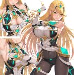  1girl armpits black_legwear blonde_hair blush breasts cleavage_cutout clothing_cutout earrings finger_to_mouth gloves highres jewelry large_breasts long_hair multiple_views mythra_(xenoblade) navel nemunemu_semi open_mouth pantyhose shiny shiny_clothes solo stretch super_smash_bros. sweat very_long_hair white_gloves xenoblade_chronicles_(series) xenoblade_chronicles_2 yellow_eyes 
