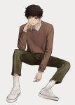  1boy absurdres brown_eyes brown_hair closed_mouth gradient gradient_background grey_background highres invisible_chair male_focus original shoes signature sitting sneakers socks solo white_footwear white_legwear yoon_cook 