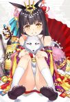  1girl animal animal_ear_fluff animal_ears azur_lane bangs bare_shoulders bell bird black_footwear black_hair blunt_bangs chick commentary_request egasumi eyebrows_visible_through_hair fan flower folding_fan fox fox_ears grin hair_flower hair_ornament highres jingle_bell knees_up long_hair looking_at_viewer manjuu_(azur_lane) nagato_(azur_lane) panties pink_flower shoe_soles sitting smile socks solo teardrop uishiro_(scvu7324) underwear white_legwear white_panties yellow_eyes zouri 