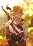  1boy arms_behind_back bangs belt blonde_hair blurry blurry_background bow_(weapon) closed_eyes cowboy_shot facing_viewer fur_collar fur_trim hair_ornament horns link long_sleeves male_focus medium_hair open_mouth outdoors pointy_ears snowquill_set_(zelda) solo starstruckdon sword teeth the_legend_of_zelda the_legend_of_zelda:_breath_of_the_wild weapon 