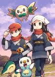  1boy 1girl black_hair closed_mouth clouds commentary_request cyndaquil eyelashes female_protagonist_(pokemon_legends:_arceus) floating_scarf gen_2_pokemon gen_5_pokemon gen_7_pokemon grass grey_eyes hand_on_headwear hat head_scarf highres holding holding_poke_ball makoto_ikemu male_protagonist_(pokemon_legends:_arceus) oshawott outdoors poke_ball poke_ball_(legends) pokemon pokemon_(game) pokemon_legends:_arceus red_headwear red_scarf rowlet sash scarf short_hair sidelocks signature sky smile standing 