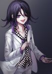  1boy :d bangs black_hair checkered checkered_scarf collarbone commentary_request cowboy_shot danchu_(danchu0628) dangan_ronpa_(series) dangan_ronpa_10th_anniversary_costume dangan_ronpa_v3:_killing_harmony gradient gradient_background grey_background hair_between_eyes hair_over_one_eye highres jacket long_sleeves looking_at_viewer male_focus official_alternate_costume one_eye_closed open_clothes open_jacket open_mouth ouma_kokichi pants pink_shirt purple_hair scarf shirt short_hair smile solo upper_teeth vest violet_eyes white_jacket white_pants white_vest 