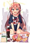 1girl :d ahoge bag_of_chips bangs barefoot beritabo between_legs black_shirt blush brown_eyes clothes_writing coca-cola commentary_request eyebrows_visible_through_hair fang hair_between_eyes hand_between_legs highres kantai_collection long_hair open_mouth redhead shirt short_sleeves sitting smile soda_bottle solo sparkle sparkling_eyes translation_request uzuki_(kancolle) very_long_hair wariza 