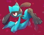 absurdres closed_mouth commentary full_body gen_4_pokemon highres looking_at_viewer nullma pokemon pokemon_(creature) red_background red_eyes riolu shiny signature solo toes 
