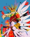  1boy absurdres angel arkhaiangemon belt blonde_hair blue_background bracelet clenched_hand covered_eyes digimon digimon_(creature) helmet_over_eyes highres jewelry long_hair male_focus mask pastelmon_art simple_background solo wings 