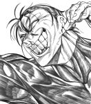  1boy armpits clenched_teeth fingernails greyscale hair_between_eyes hatching_(texture) highres kengan_ashura male_focus monochrome muscular muscular_male no_pupils simple_background solo sweat teeth upper_body urec white_background 