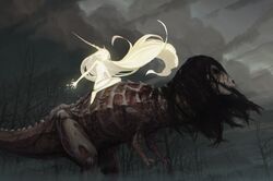  1girl absurdly_long_hair bare_tree black_hair blonde_hair clouds cloudy_sky completely_nude dinosaur fog glowing grey_sky highres horns long_hair navel nude open_hand original outdoors pointy_ears rai32019 riding silhouette sky spikes tree undead very_long_hair 