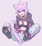  1girl animal_ear_fluff animal_ears black_collar breasts cat_ears cat_girl collar collarbone cowlick english_commentary english_flag fangs feet highres hololive hood hoodie k-rha&#039;s looking_to_the_side medium_breasts navel nekomata_okayu open_mouth pants paw_print purple_background purple_hair reward_available short_hair smile socks soles solo sweatpants tail virtual_youtuber 