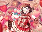 1girl alternate_hairstyle balloon bang_dream! blush brown_hair dress earrings flower gloves heart holding_box looking_at_viewer official_art open_mouth red_ribbon rose short_hair smile solo sparkle toyama_kasumi valentine violet_eyes wink