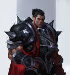  1boy armor black_hair cape closed_mouth commentary_request darius_(league_of_legends) gloves grey_background grey_hair holding league_of_legends looking_at_viewer male_focus multicolored_hair pauldrons red_cape scar shoulder_armor shoulder_pads sia_kim simple_background solo standing two-tone_hair white_background 