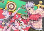 4boys abs aoki_masahiko barefoot battle black_hair blue_gloves blurry brown_eyes brown_hair card clenched_teeth dice fingerless_gloves gloves green_gloves grey_hair grin hair_slicked_back holding holding_card kicking male_focus multiple_boys muscular muscular_male no_eyes official_art original patterned patterned_clothing poker_chip punching red_gloves roulette shirtless smile teeth toenails 