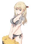  1girl alice_gear_aegis alternate_hairstyle bikini blonde_hair box breasts closed_mouth commentary_request grey_bikini grey_eyes grey_shirt grey_swimsuit holding holding_box large_breasts pinakes ponytail rita_henschel shirt side-tie_bikini solo swimsuit tied_shirt toolbox white_background 