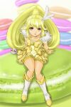  1girl :p back boots bow choker collarbone cookie cure_peace food from_above full_body hair_flaps hair_ornament highres kise_yayoi long_hair looking_at_viewer looking_up macaron magical_girl makkiusagi pastry precure puffy_short_sleeves puffy_sleeves short_sleeves shorts shorts_under_skirt skirt smile_precure! solo sweets tongue tongue_out wide_ponytail yellow_bow yellow_choker yellow_shorts yellow_skirt 