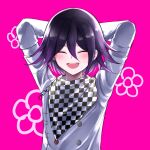  1boy :d arms_behind_head arms_up bangs black_hair checkered checkered_floor checkered_scarf commentary_request danchu_(danchu0628) dangan_ronpa_(series) dangan_ronpa_v3:_killing_harmony floral_print gradient gradient_background hair_between_eyes highres jacket long_sleeves male_focus multicolored_hair open_mouth ouma_kokichi pink_background pink_hair purple_hair scarf short_hair smile solo straitjacket two-tone_hair upper_body upper_teeth violet_eyes white_jacket 