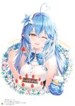  1girl absurdres ahoge bangs bare_shoulders birthday_cake blue_hair bow breasts cake character_name daifuku_(yukihana_lamy) eyebrows_visible_through_hair fingernails flower food fruit hair_ornament highres holding hololive long_hair looking_at_viewer medium_breasts one_eye_closed open_mouth page_number pointy_ears rin_yuu scan shiny shiny_hair simple_background spoon strawberry upper_body white_background yellow_eyes yukihana_lamy 