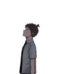  1boy absurdres ahoge arm_at_side brown_hair closed_mouth collared_shirt dangan_ronpa_(series) dangan_ronpa_2:_goodbye_despair e_o_(e_o_e_o) expressionless from_side highres hinata_hajime looking_up male_focus necktie profile shirt short_hair short_sleeves simple_background solo upper_body white_background 