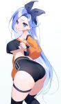  1girl :o ass black_legwear black_ribbon black_shorts blue_eyes blue_hair blush borrowed_character breasts commentary_request commission detached_sleeves feet_out_of_frame from_behind hair_ribbon high-waist_shorts highres leaning_forward long_hair long_sleeves looking_at_viewer looking_back medium_breasts minah_(chaesu) original parted_lips ribbon shirama_(c2h76_5) shorts skeb_commission solo sports_bra standing straight_hair thigh-highs thigh_strap under_boob very_long_hair 